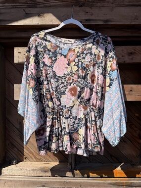 Floral Peplum Blouse with Draw-Waist in Black and Pastel Mix